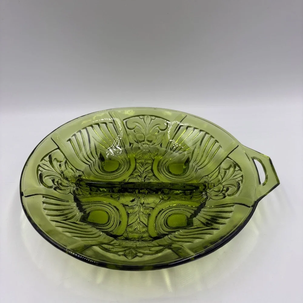 Vintage Indiana Glass Divided Relish Dish  8in Green Excellent Pressed Pattern